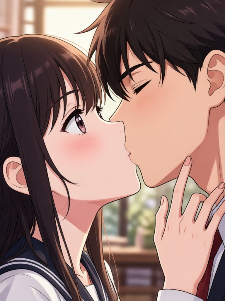 Vintage anime style romantic kiss