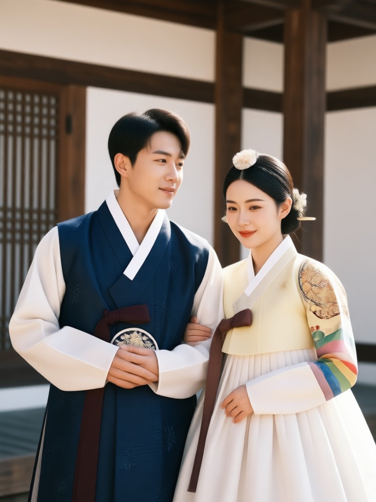 Winter Hanbok with fur trim and warm color palette