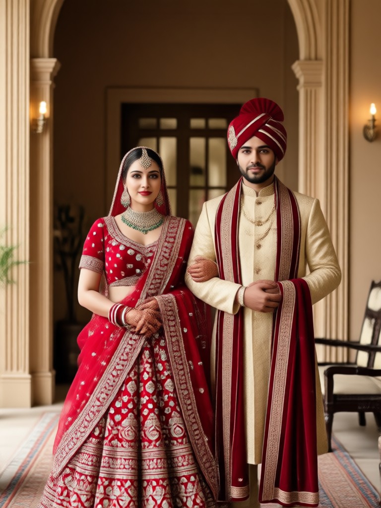 Pastel pink lehenga and maroon sherwani AI generation