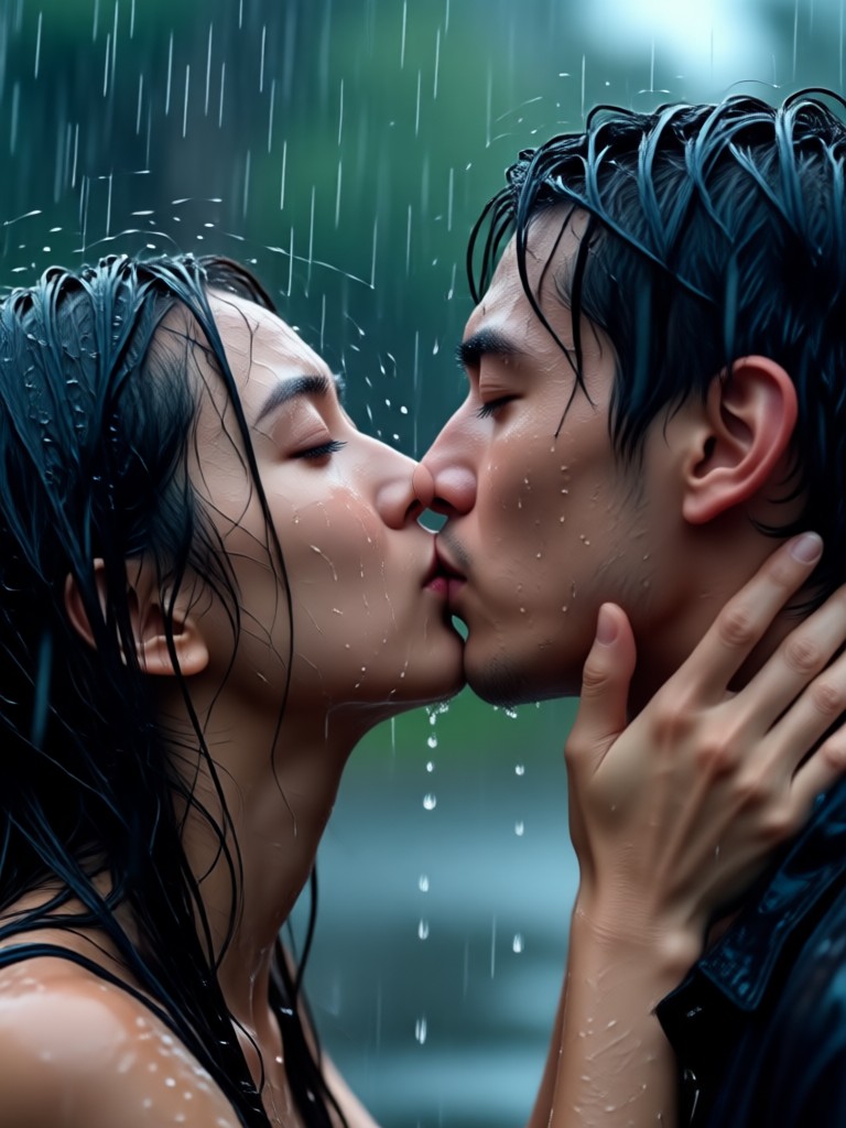 Dramatic storm kiss scene with intense rain and lightning effects