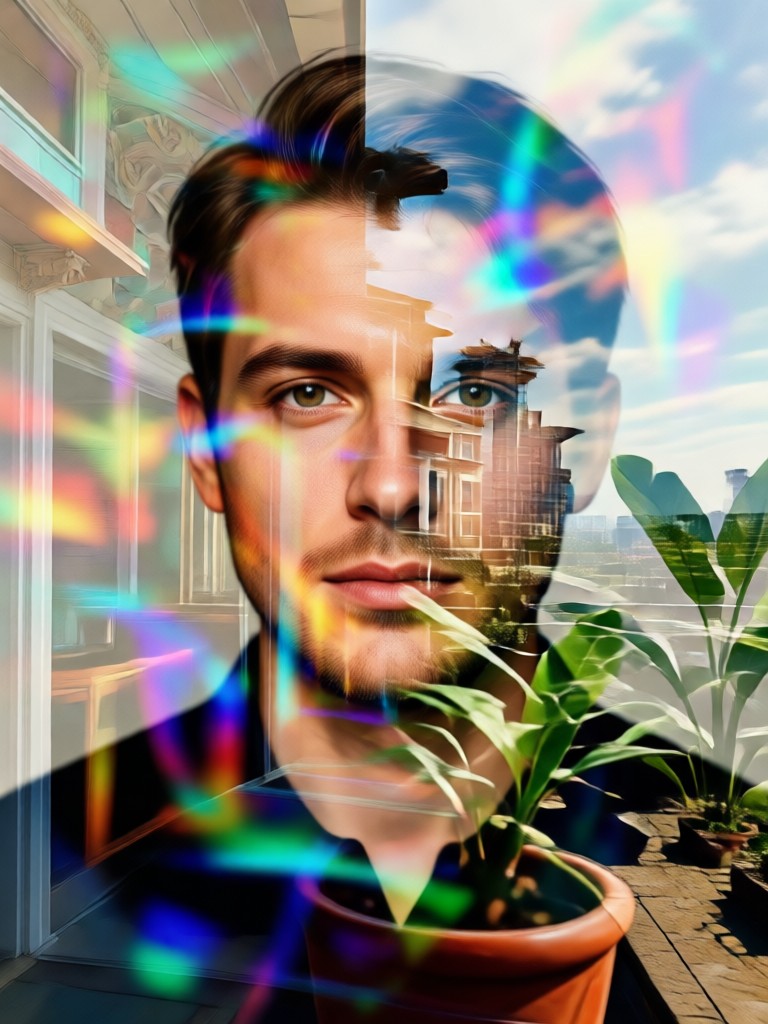 Double exposure with ocean waves overlay