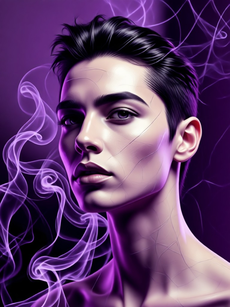 Retrato etéreo com pequenas espirais de fumaça violeta brilhante
