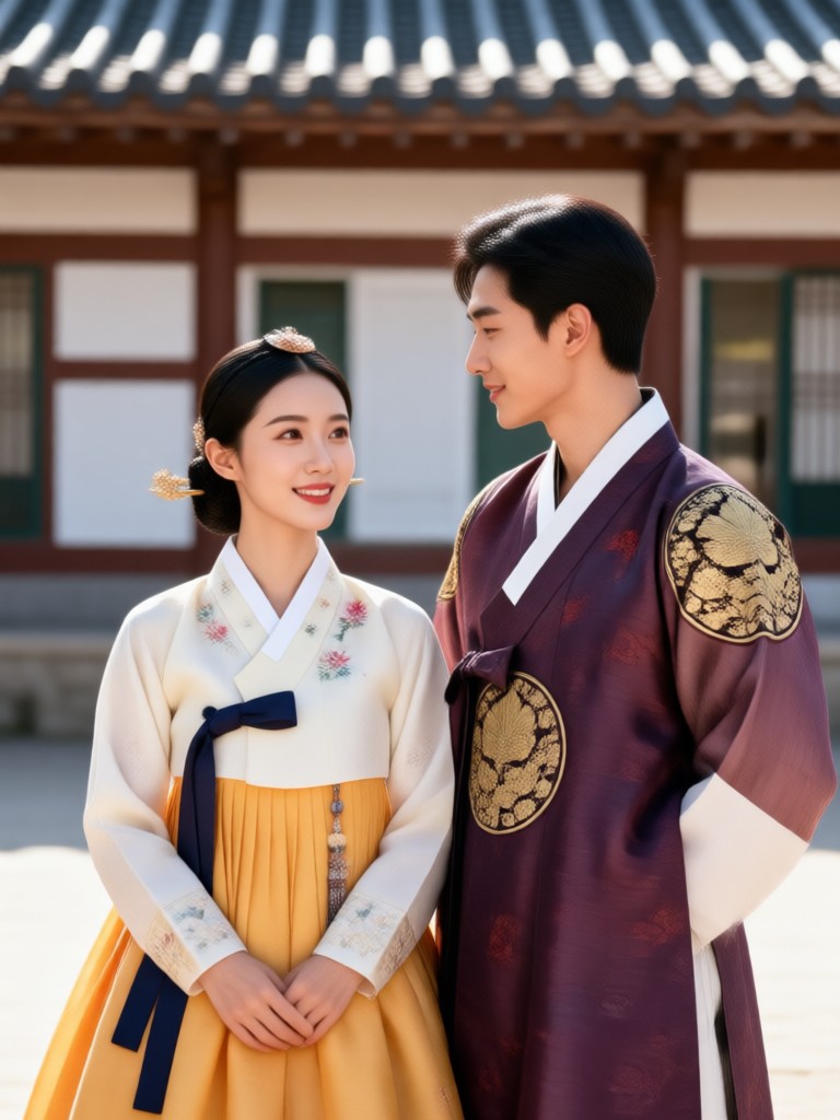 Ceremonial hanbok couple with detailed traditional patterns