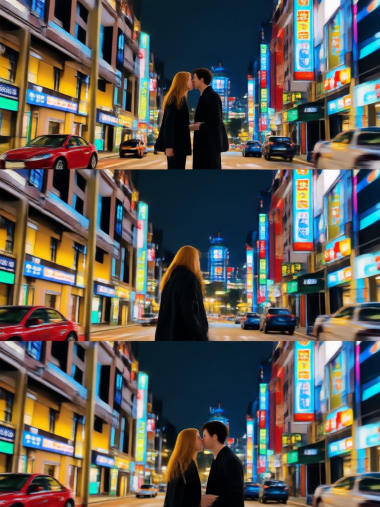 AI video of a couple kissing with blurred traffic lights