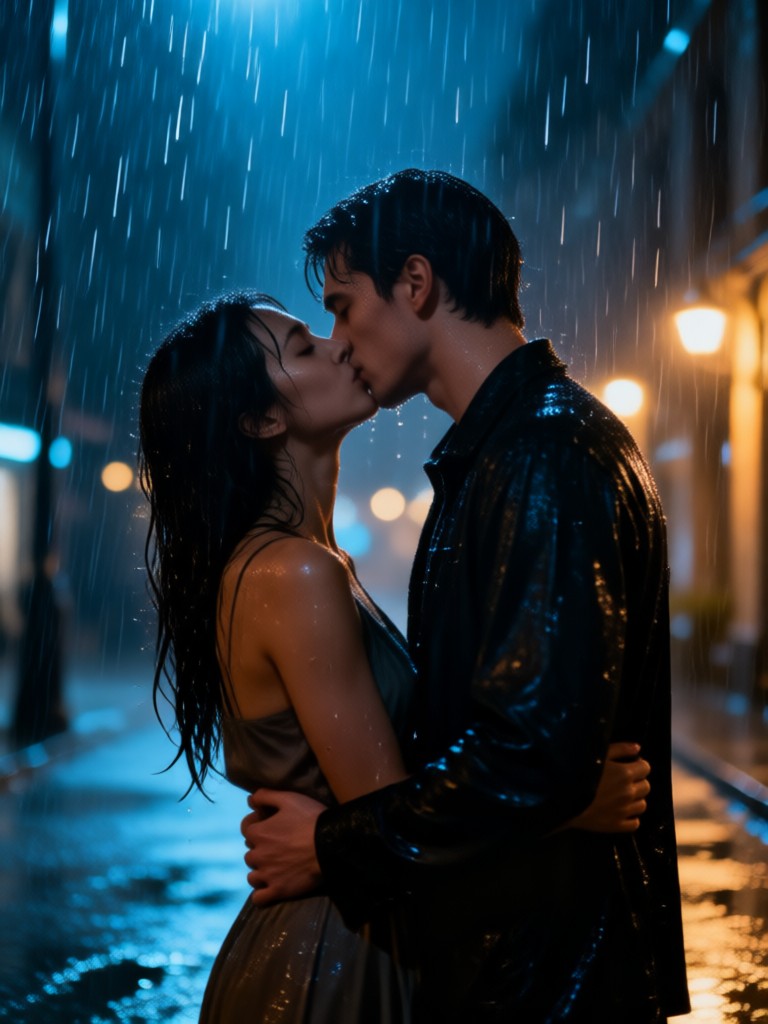 Moody atmospheric rainy night kiss