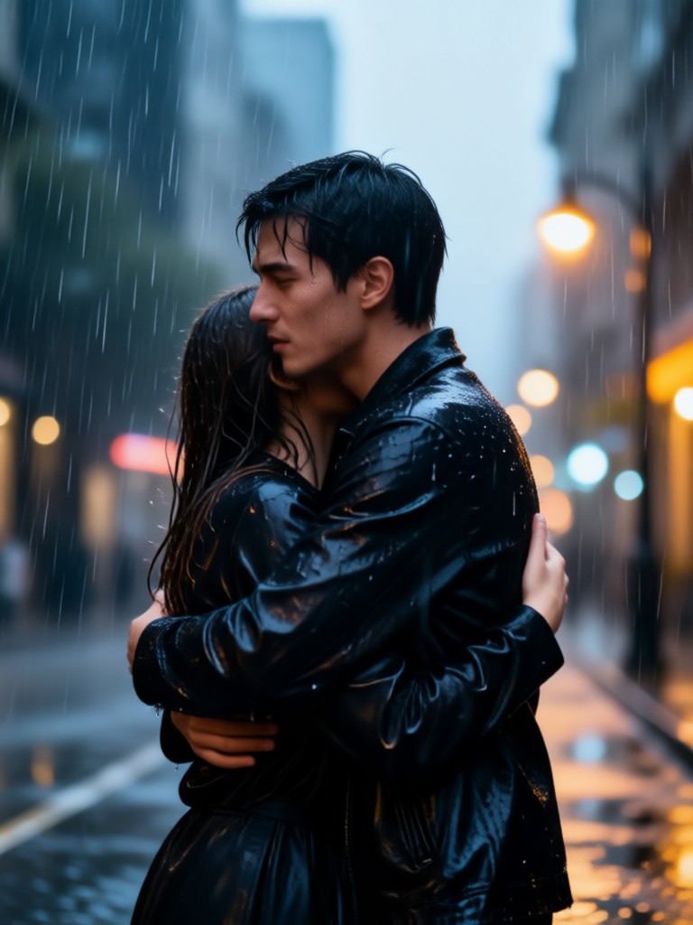 Romantic couple rain hug AI video