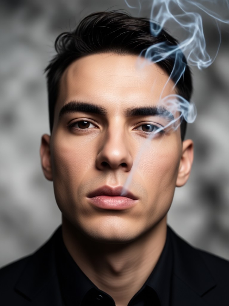 Smoke portrait with golden hour light beams and haze