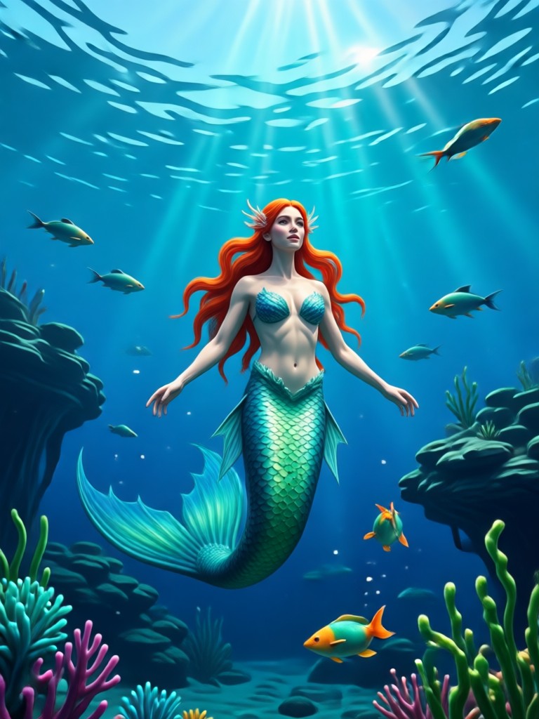 Animated mermaid swimming with fish AI video