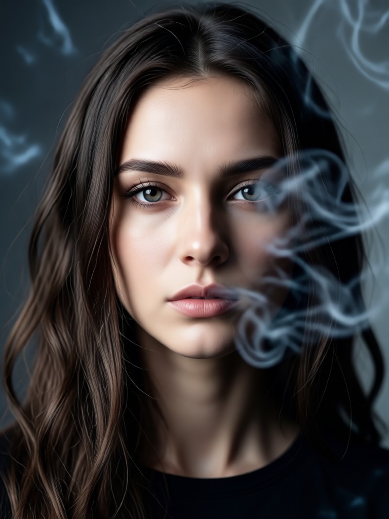 Retrato con efectos de humo cinematográfico iluminado con neón