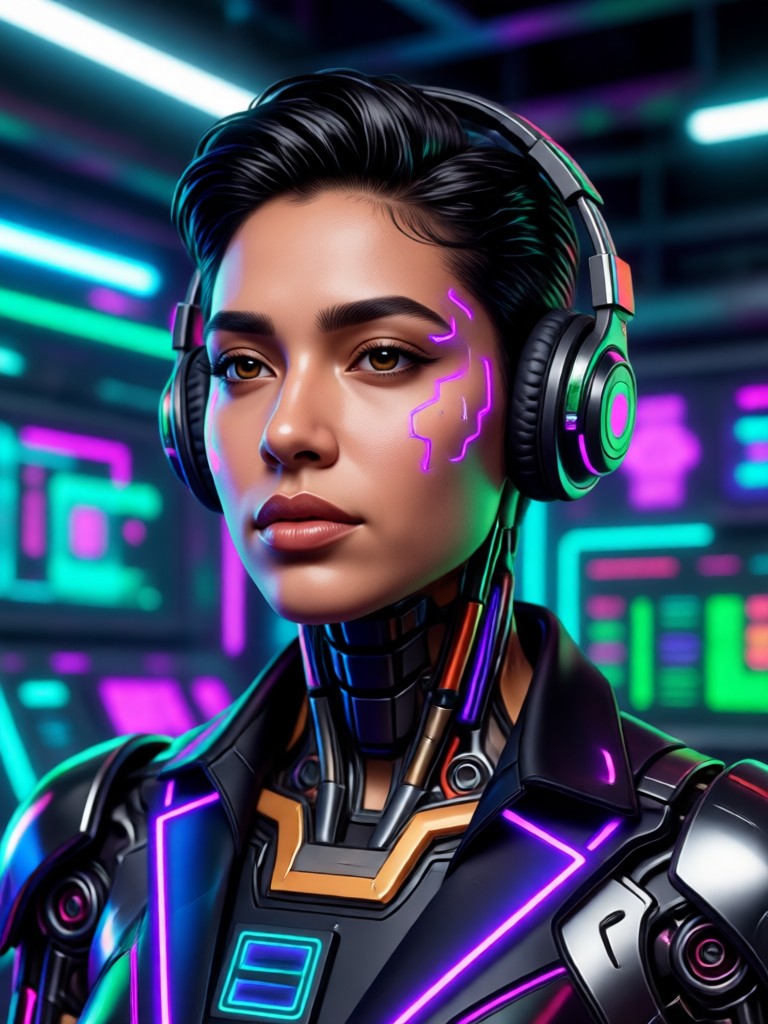 AI Latina portrait with curly hair and vibrant background