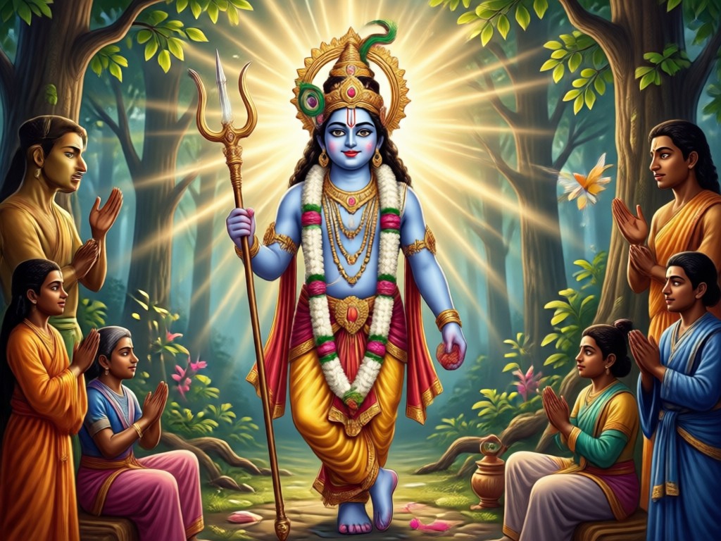 Krishna portrait with divine halo and Vrindavan background