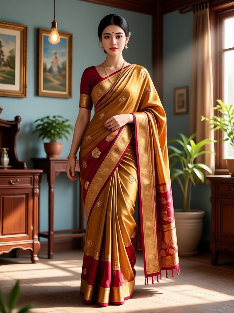 Sari de algodón del sur de India con joyería tradicional