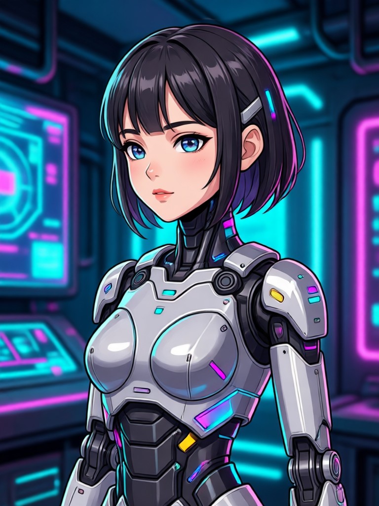 Cyberpunk style AI girl with neon glow and implants