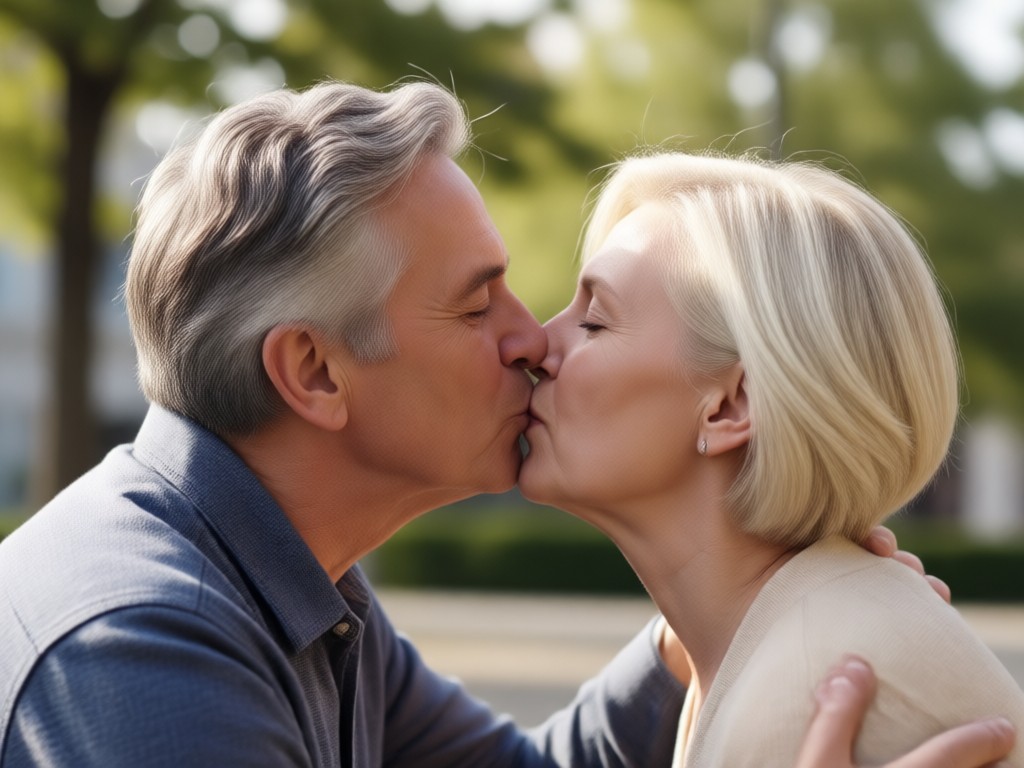 A gentle, realistic senior couple kiss animation