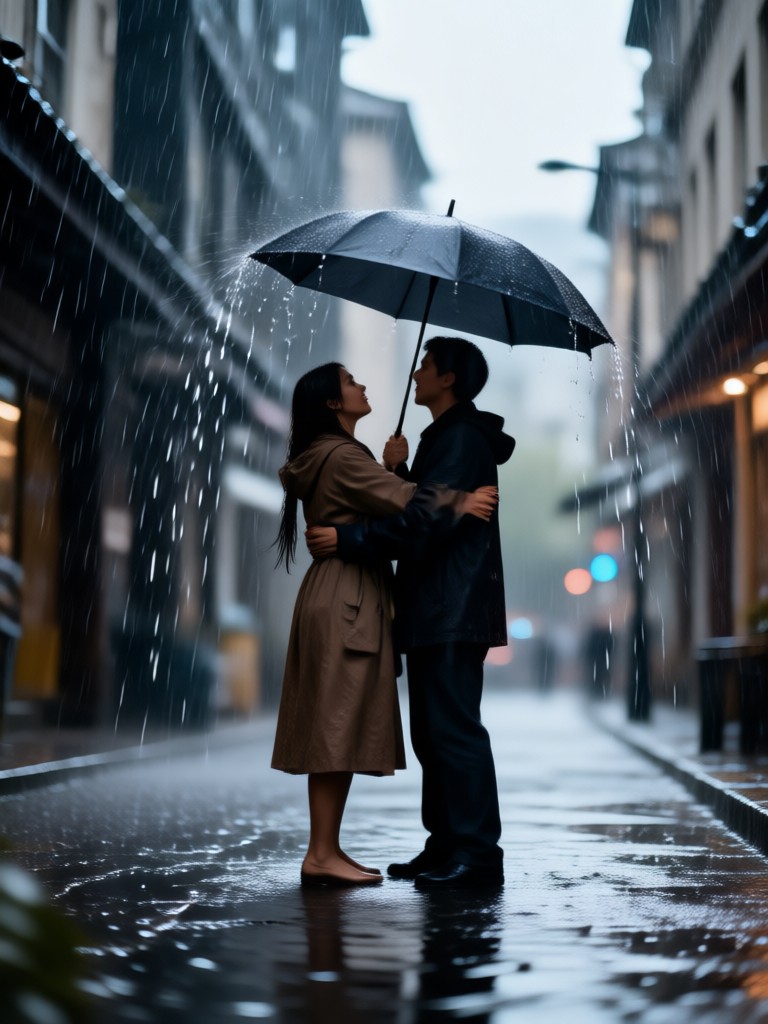 slow motion hug under an umbrella in the rain