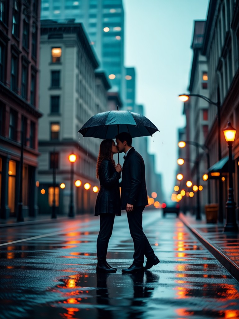 白黒映画風の雨キス