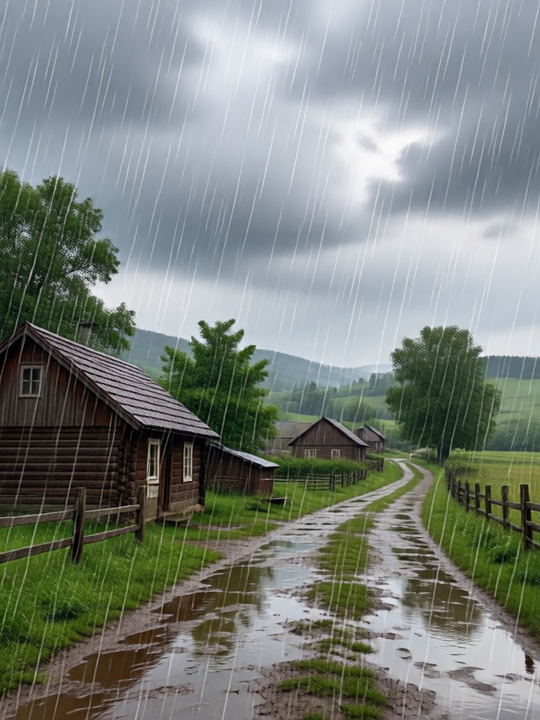 AI generated misty rain over green rolling hills