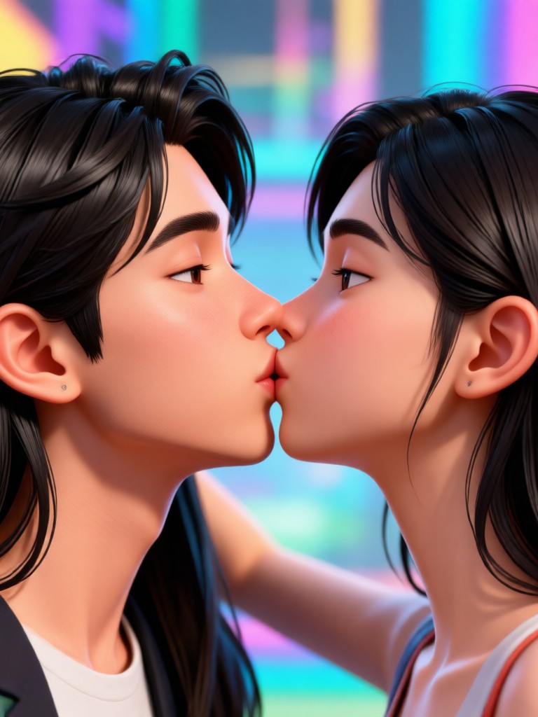 Cartoon style avatars giving a cute, playful kiss