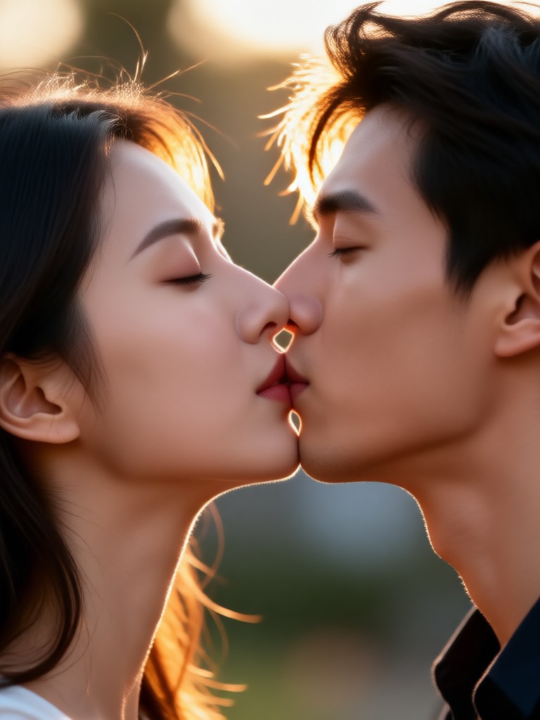 도시 불빛 배경의 열정적인 키스