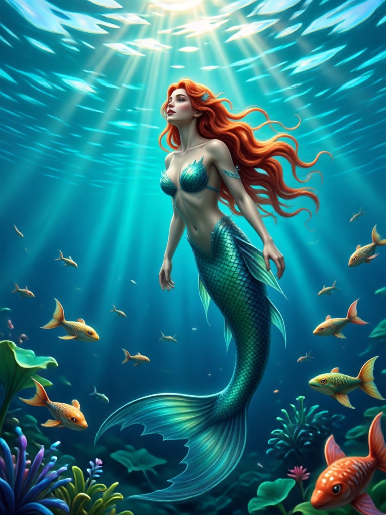 Sirena etérea fusionándose con efectos de agua y luz