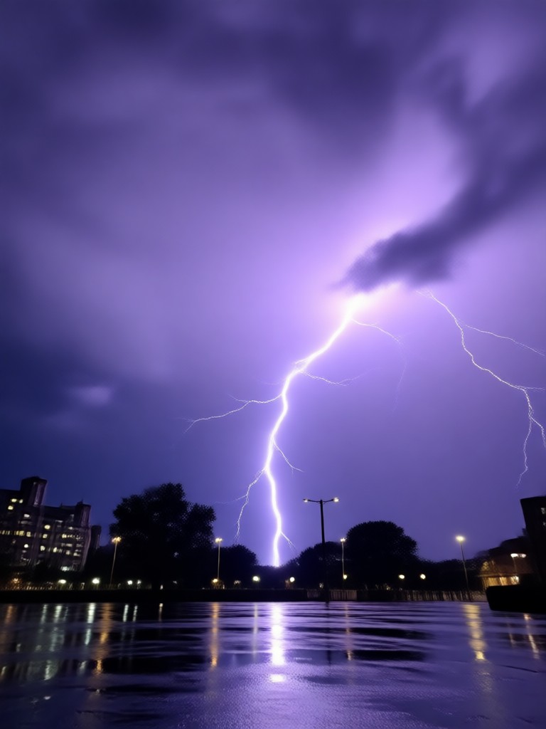 Superhero landing in the middle of a thunderstorm embrace