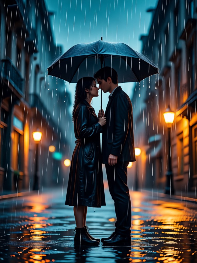 Slow motion rain kiss effect with glowing droplets