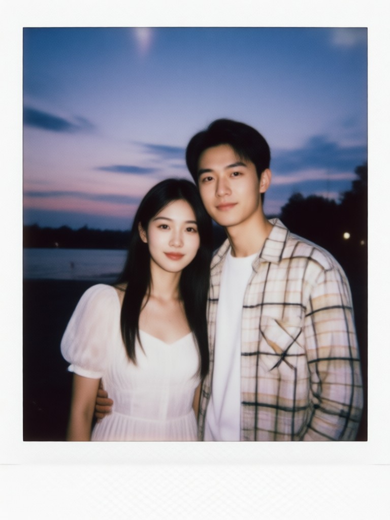 Golden hour couple photo in Polaroid format