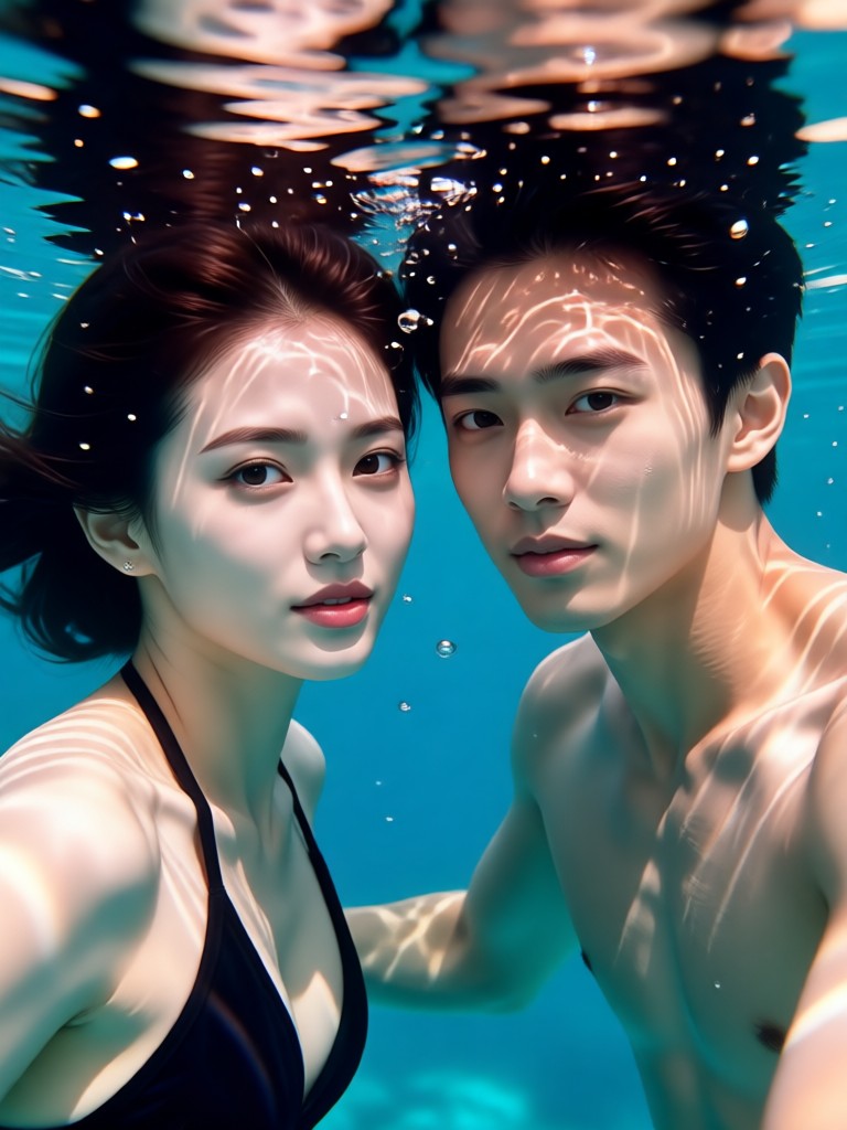 Romantic underwater couple portrait with glowing effects