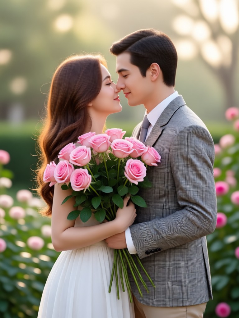 Couple in rose garden at sunset