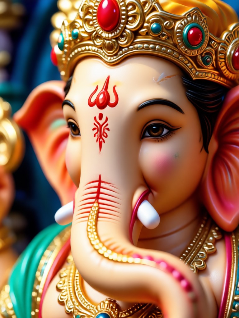 Close up of Ganpati's face with a kind, serene AI generated expression