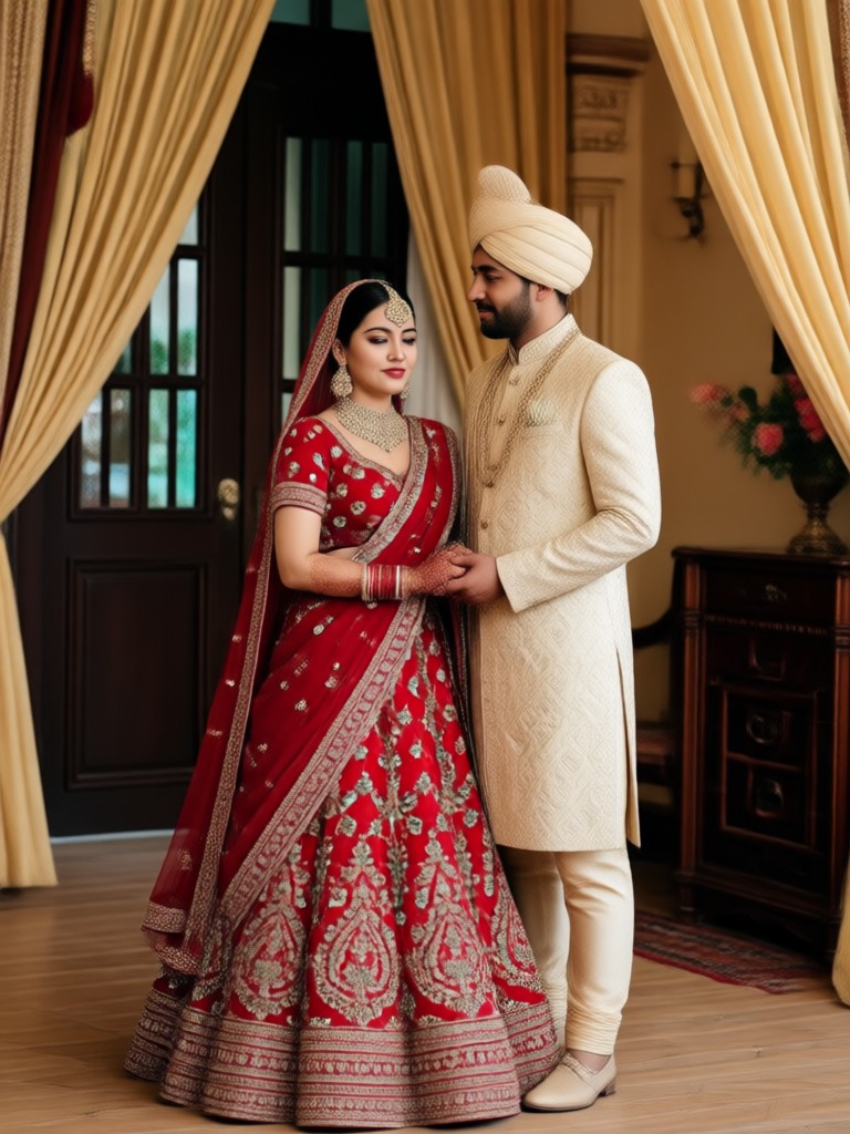 Ivory sherwani with red dupatta couple photo