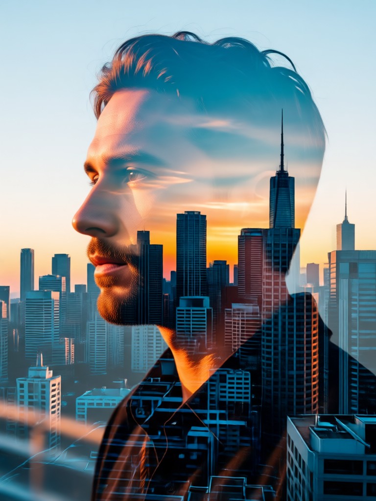 Artistic avatar with geometric pattern double exposure