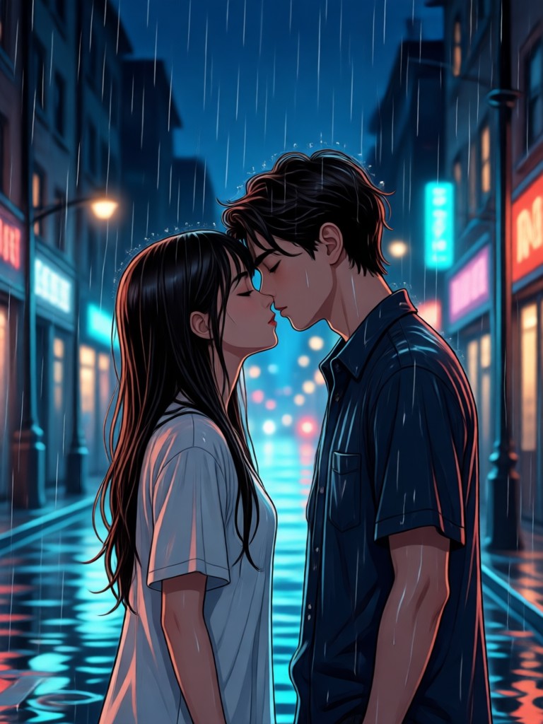 폭풍 속 감정적인 재회 키스 AI 영상