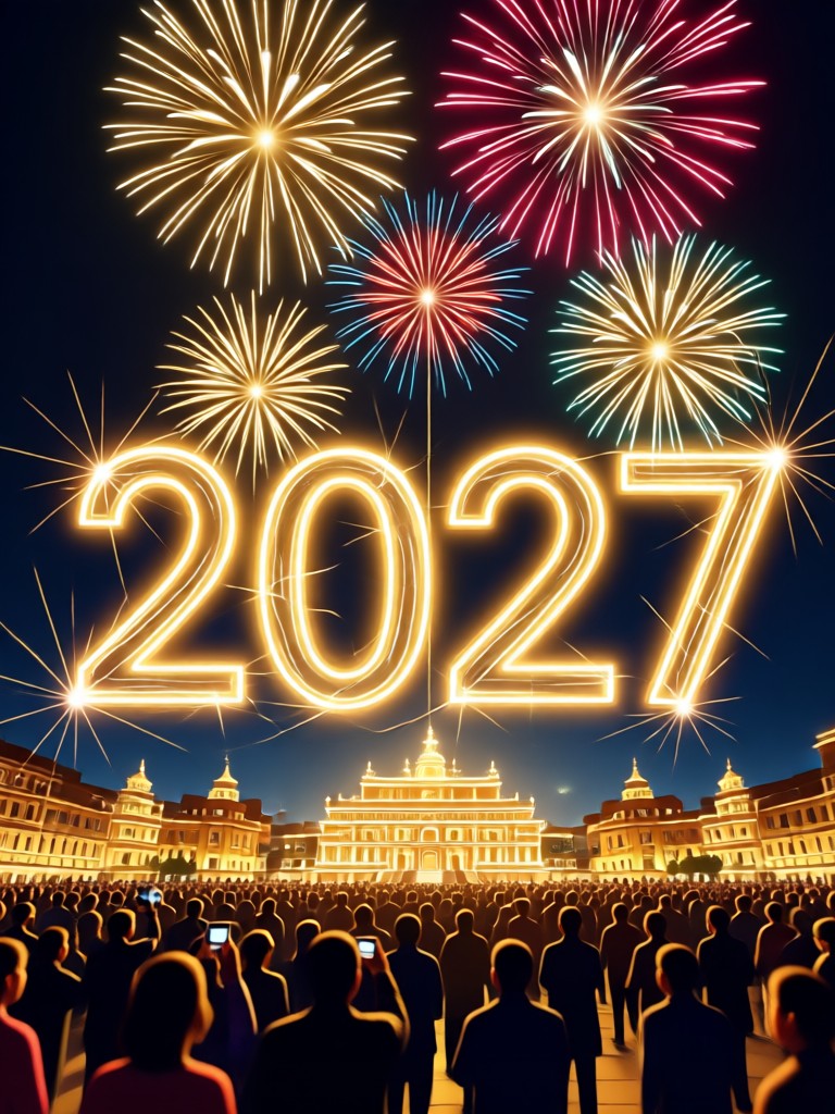 Paarfoto mit Mitternachtsfeuerwerk und 2027-Overlay