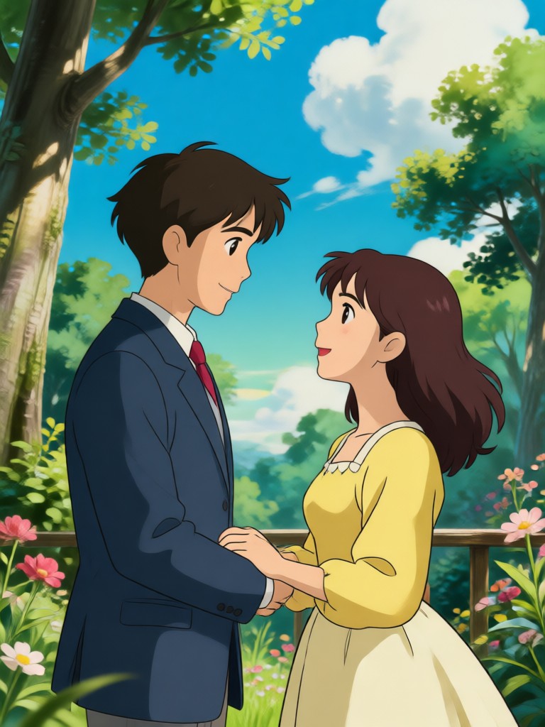 Fantasy Ghibli art of couple with a friendly dragon