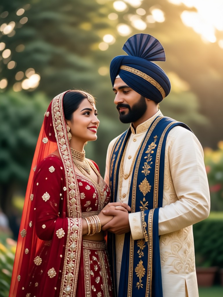 Traditional Punjabi couple in Phulkari standing in field