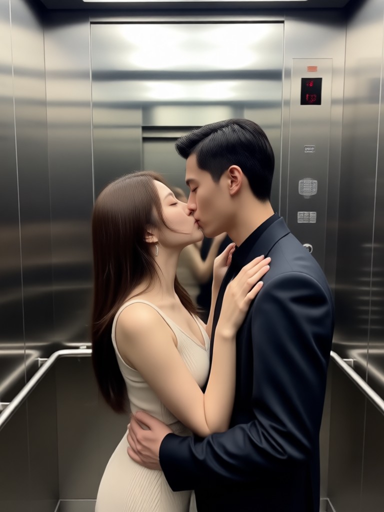 Vintage elevator romance scene