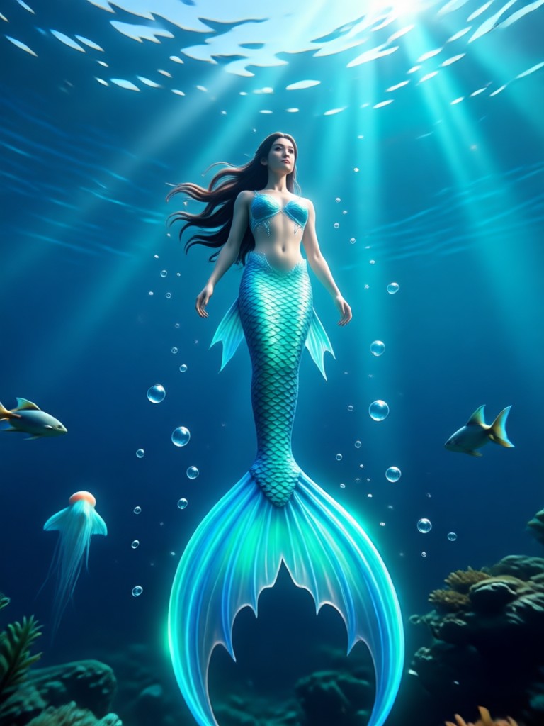 Mermaid AI filter with blue and green tail