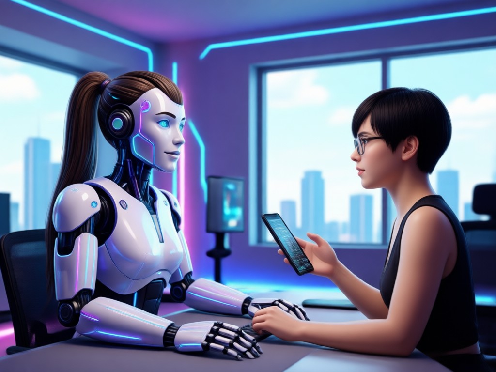 Person happily chatting with AI girlfriend on phone