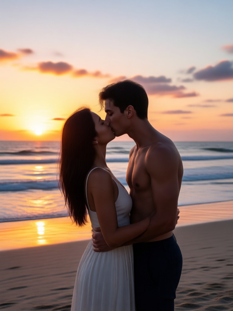 Romantic beach kiss animation with ocean waves