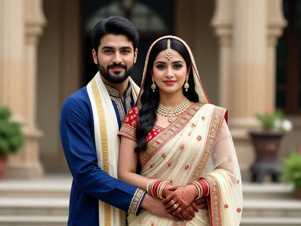 AI generated Pakistani couple in traditional garden setting