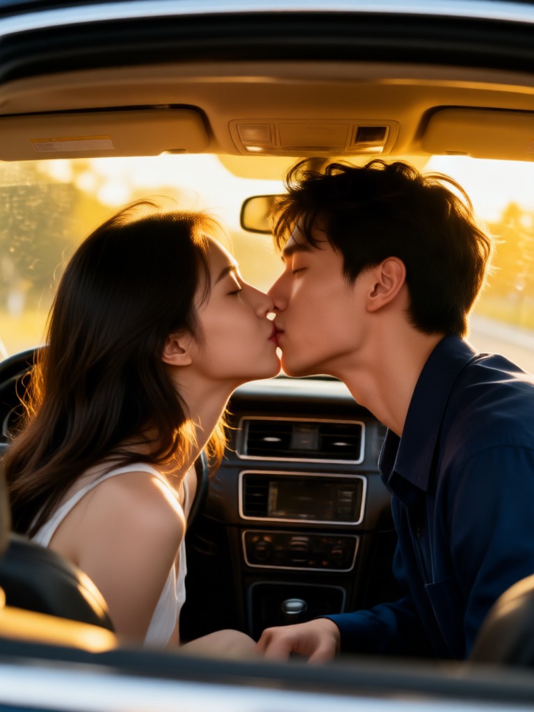 Dreamy and soft focus car kiss cinematic effect