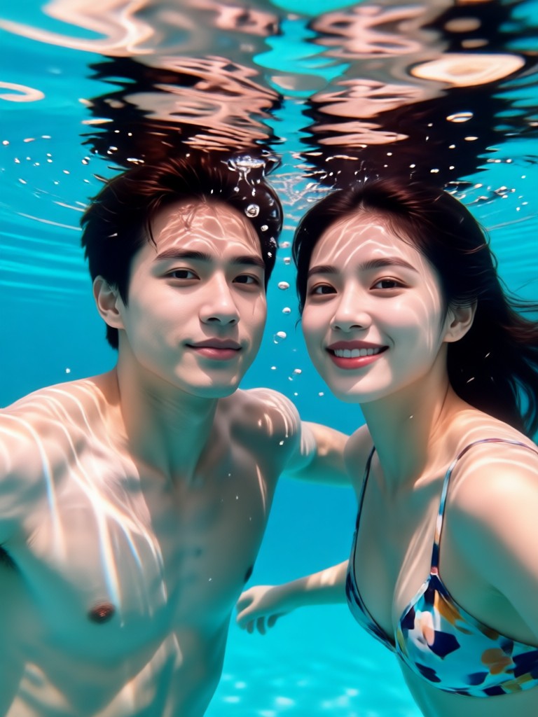 Ciuman bawah air romantis di jam emas