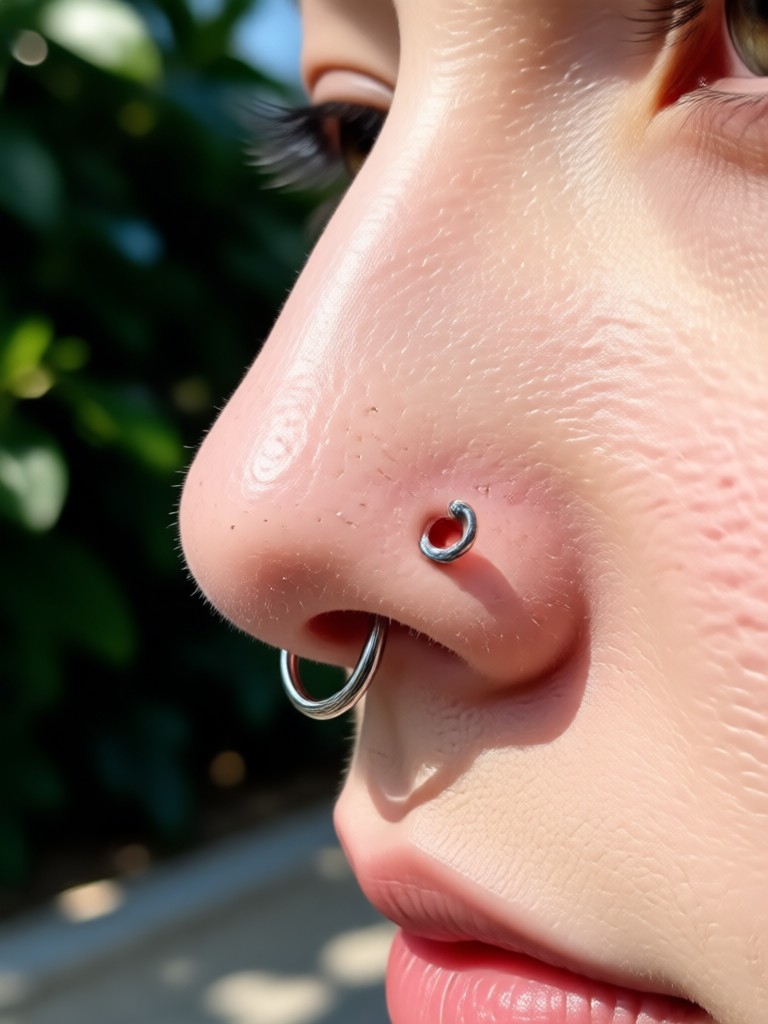 Pessoa sorrindo com um novo piercing virtual no nariz