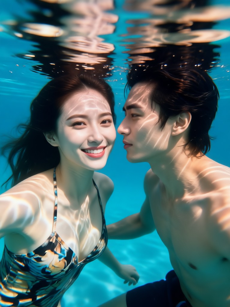 평온하고 차분하게 손을 잡고 있는 수중 커플