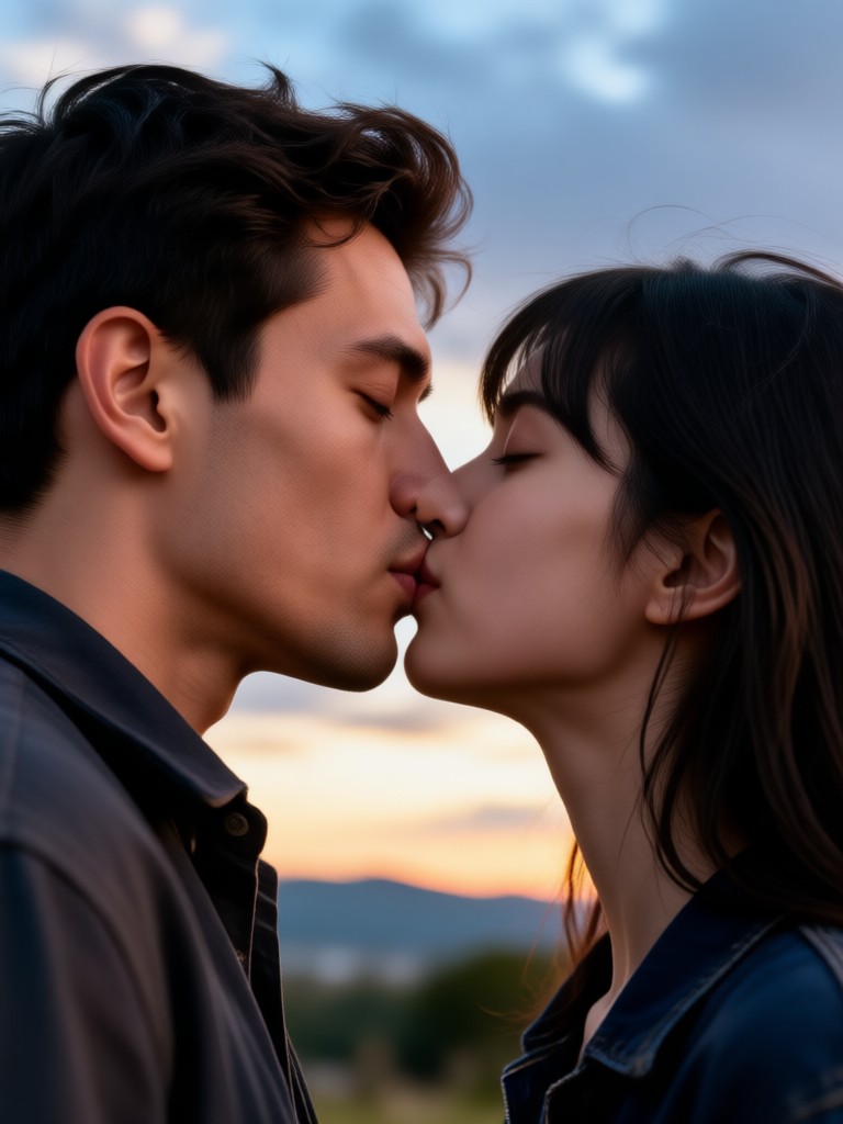 Cinematic long distance virtual kiss moment