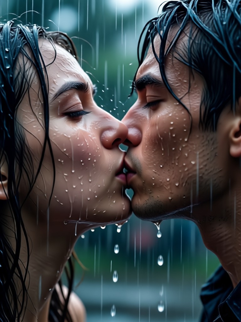 City street rain kiss with neon sign reflections