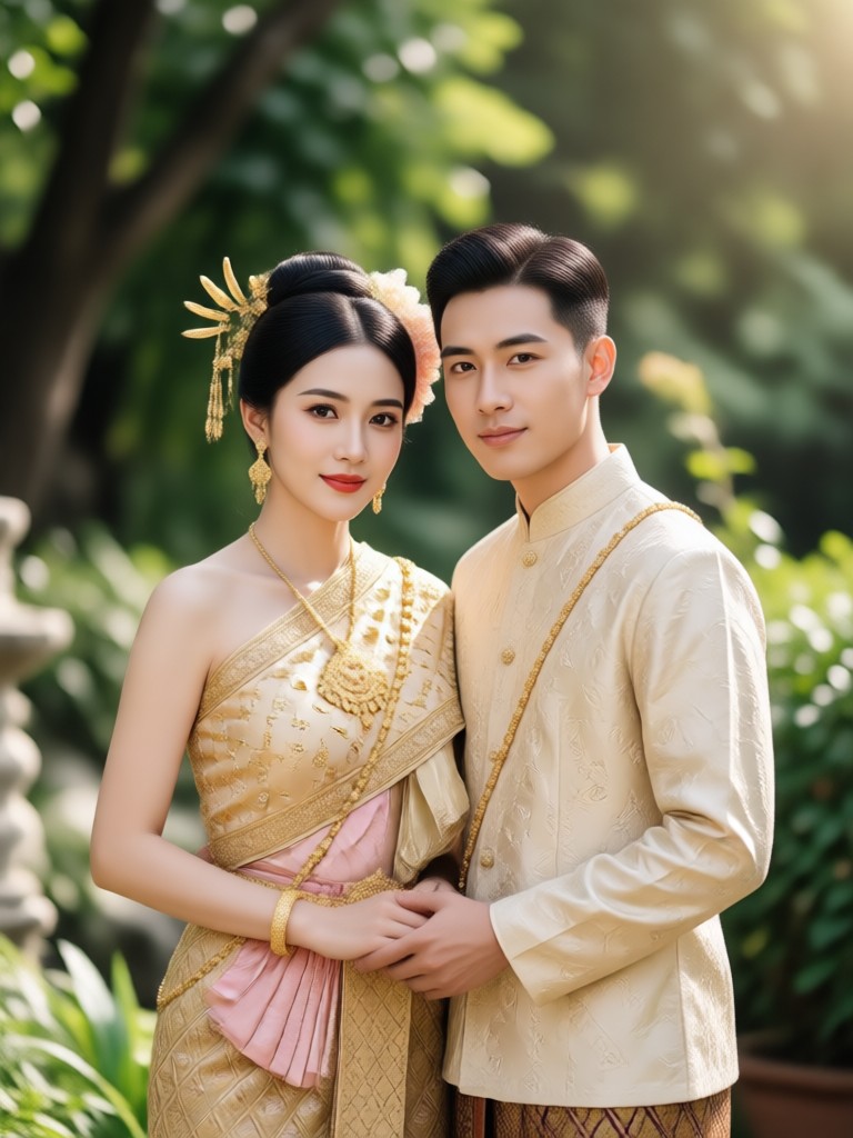 Romantic Thai traditional portrait at sunset