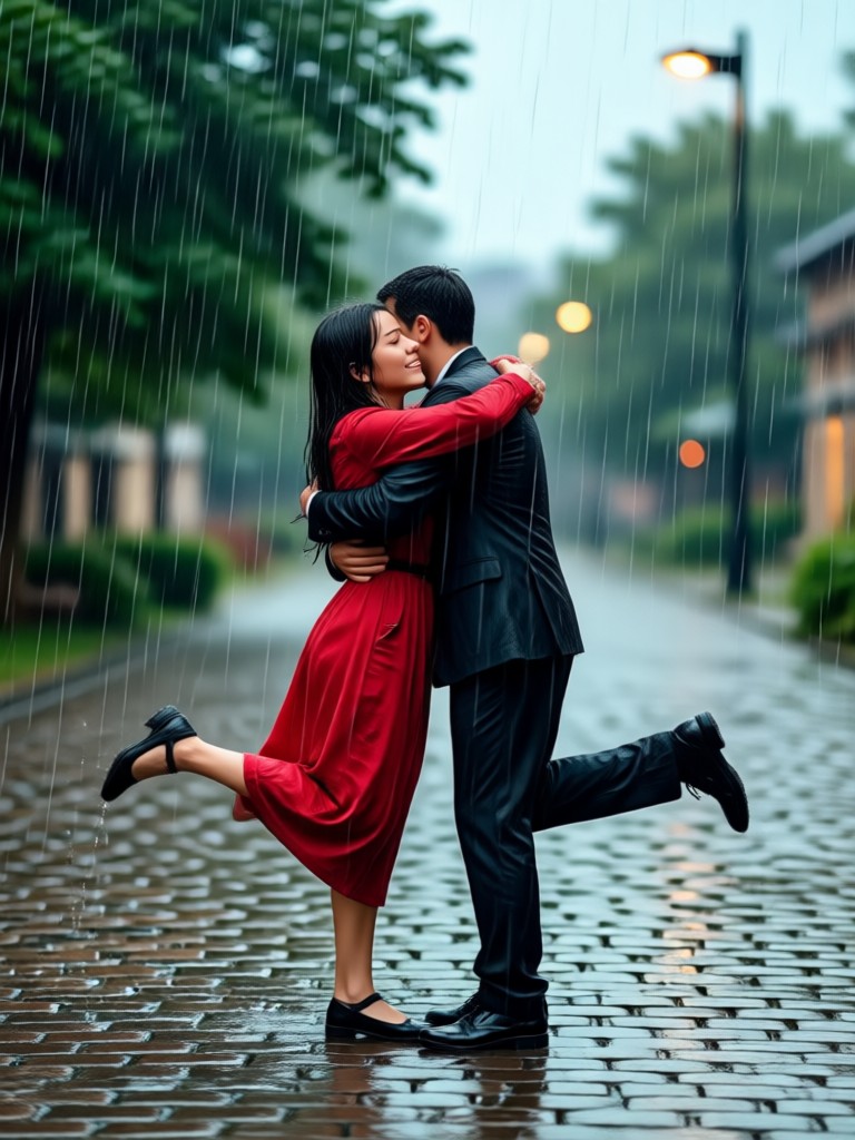 Soft romantic hug in a gentle spring rain