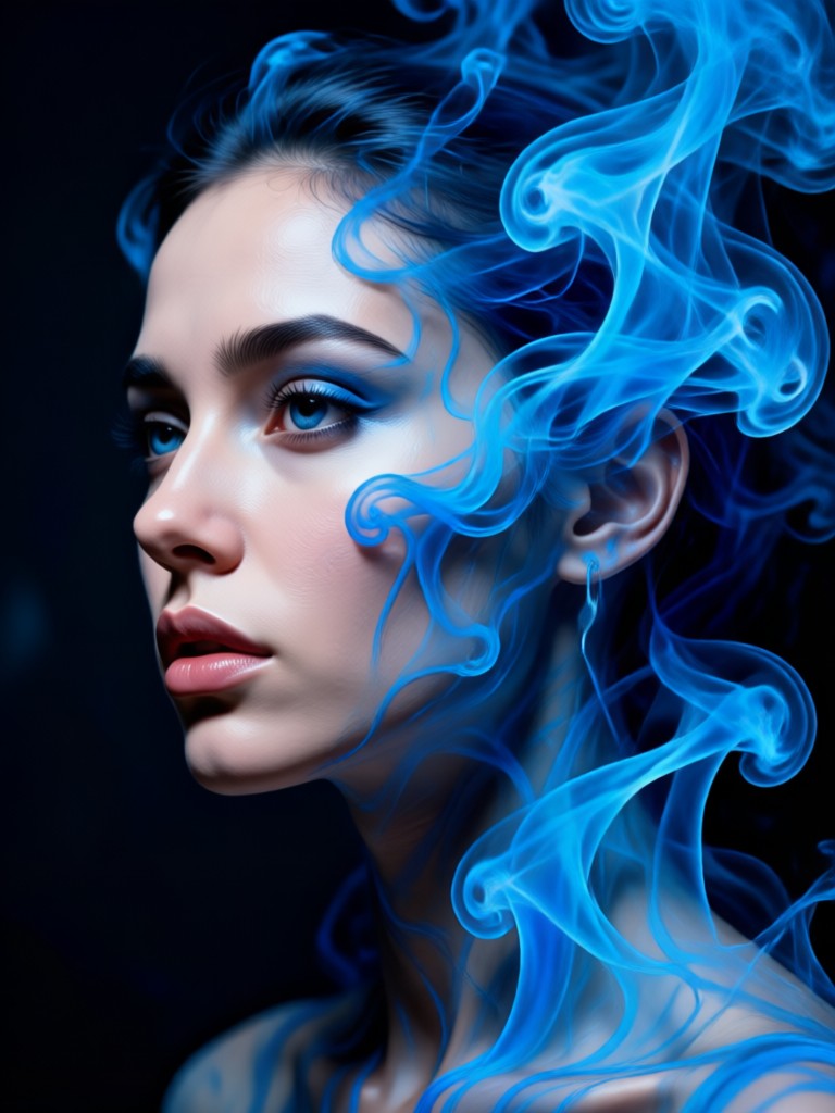 Potret mistis dengan rambut asap biru yang mengalir